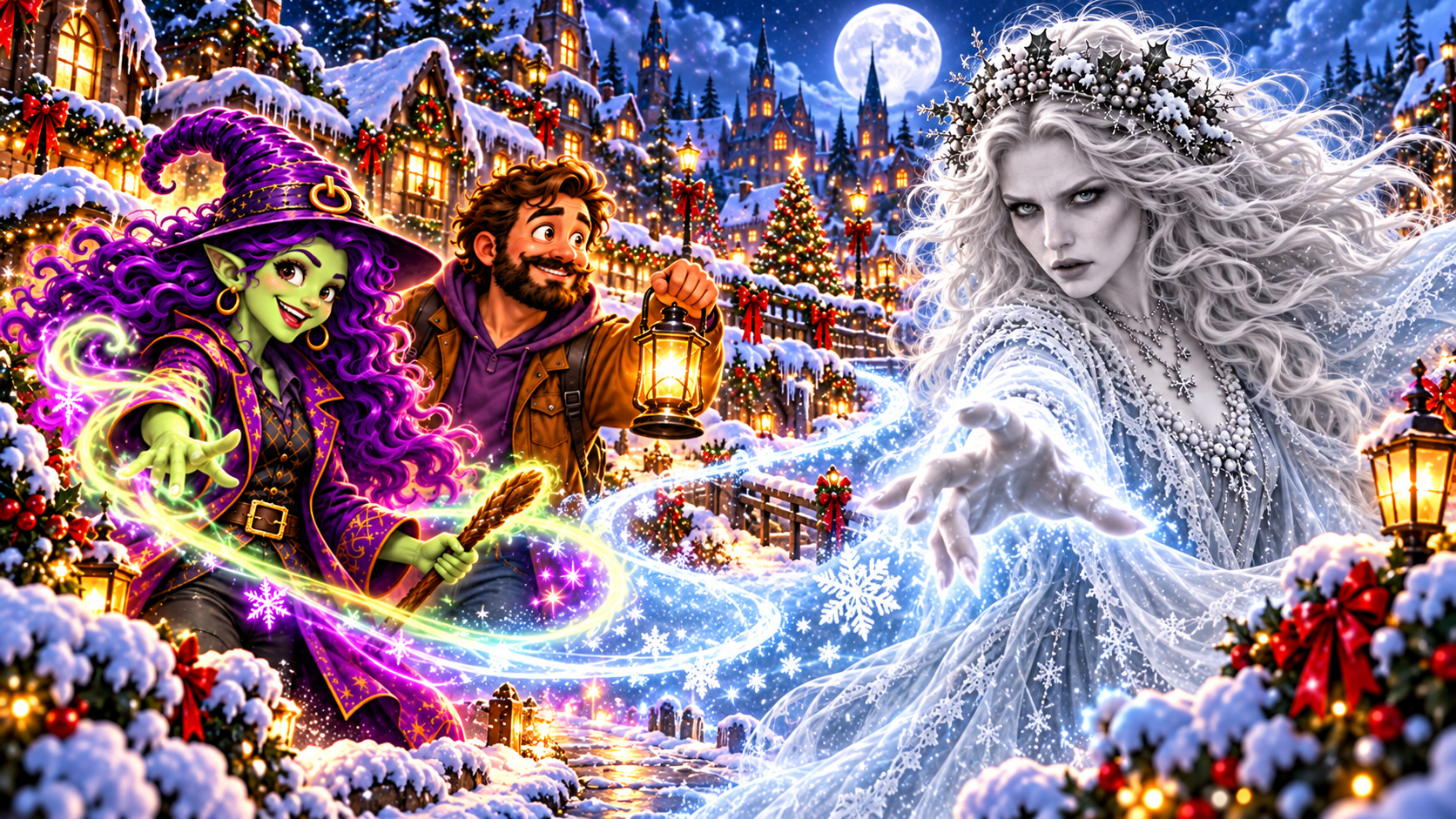Witchy and Wit meet Christmas Bethany in a snowy village glowing with Christmas lights